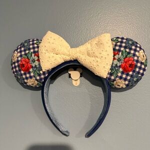 Floral Plaid Mouse Ears Headband with Cream Bow